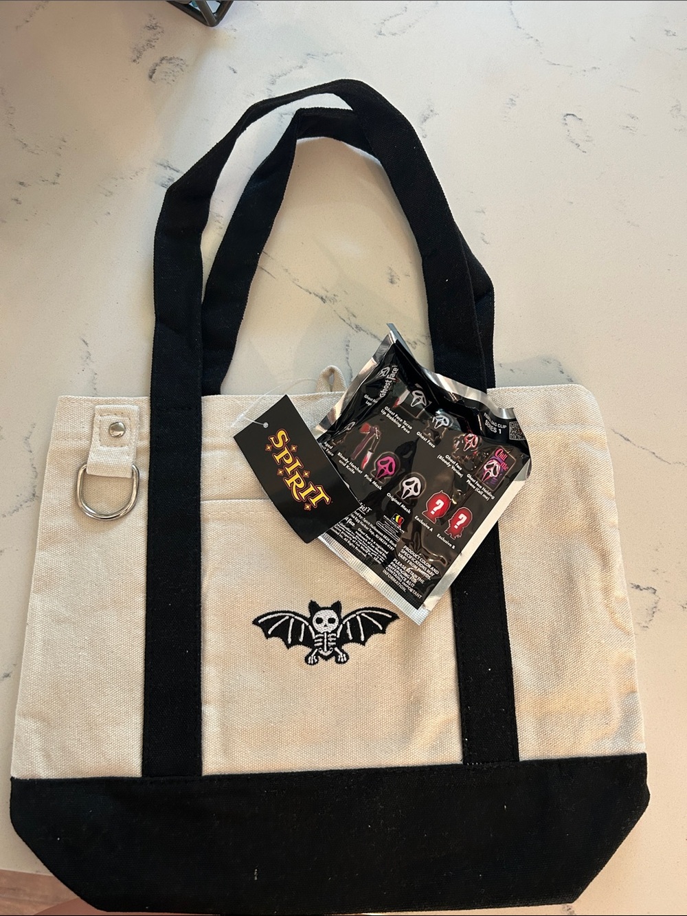 Spirit Halloween, mini tote bag, and Ghostface bag clip & vinyl figure